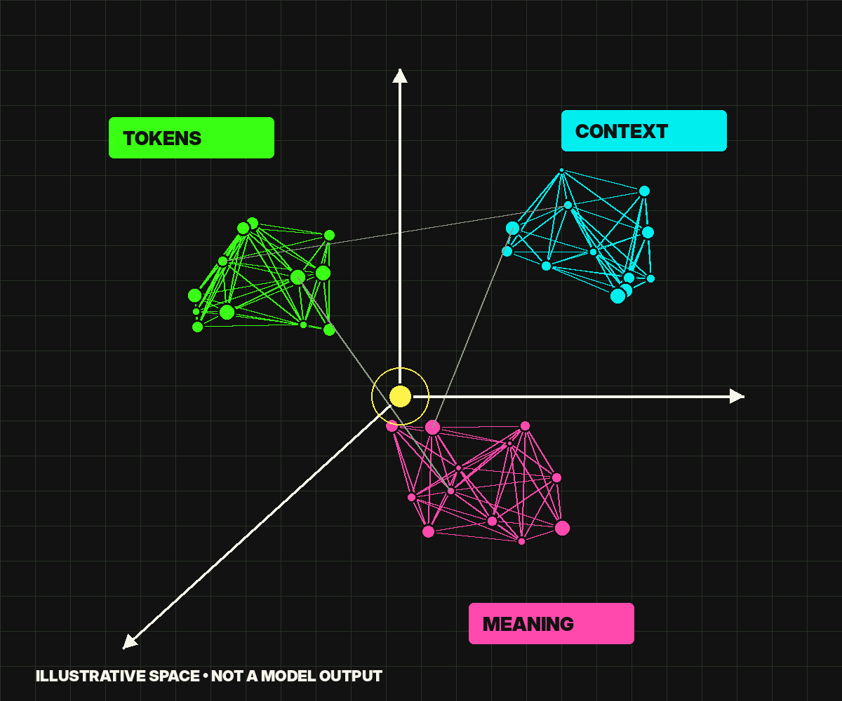 Illustrative vector space: neon clusters connect tokens, context, and meaning on a three-axis grid; not a model output.